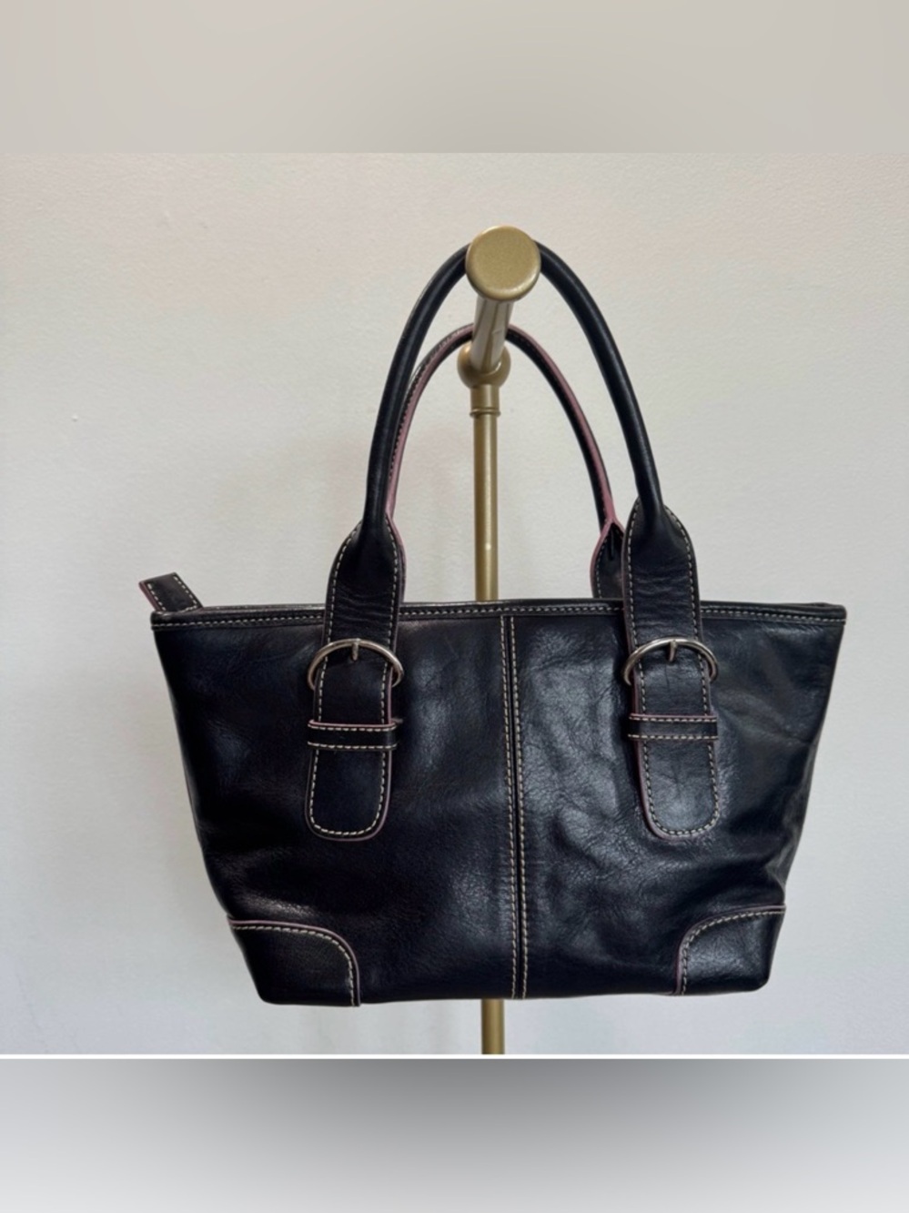 Nordstrom Black Leather Handbag Double Handle Purse W/ Buckles Pink Mod Lining
